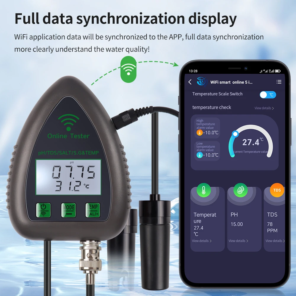 WiFi Bluetooth 5 in 1 Water Quality Tester TDS/EC/SALT PH S.G.TEMP Digital Water Monitor for Aquariums Aquaculture Swimming Pool