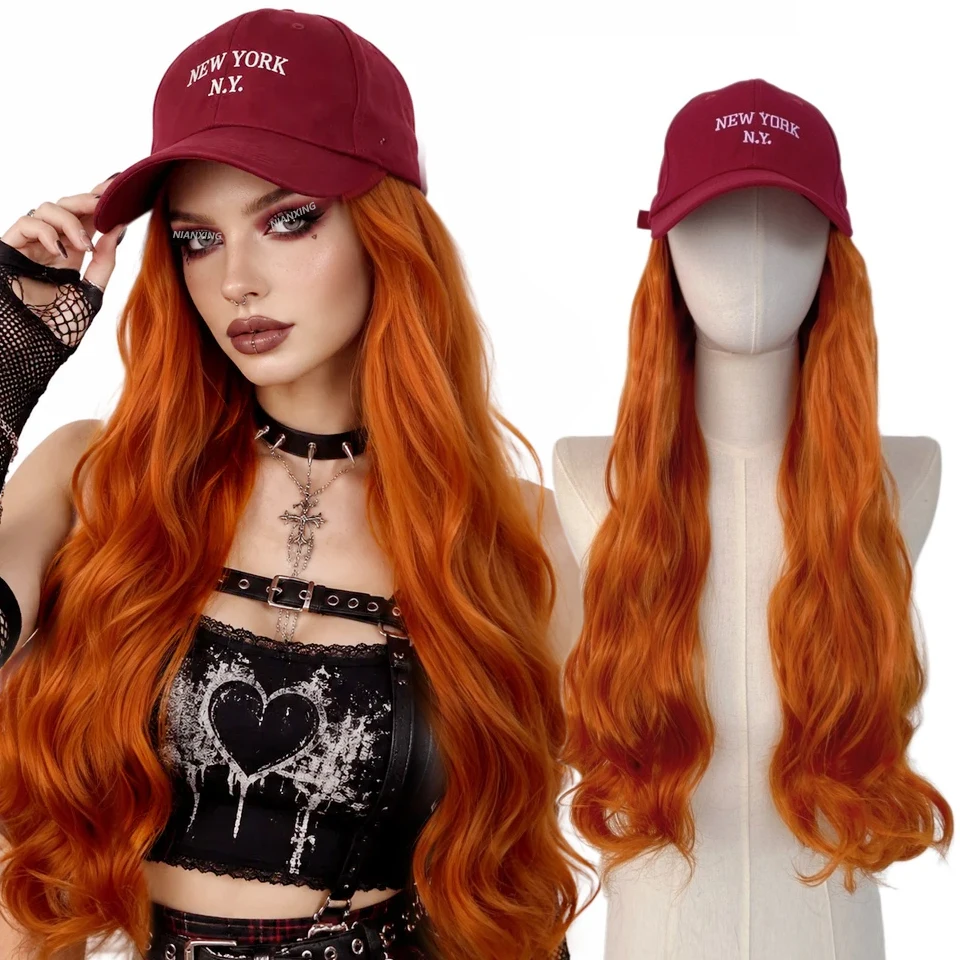 Baseball Cap Wig Long Natural Wavy Hair Extensions With Hat Synthetic Orange Brown Blonde Wig Adjustable Hat Wig for Women
