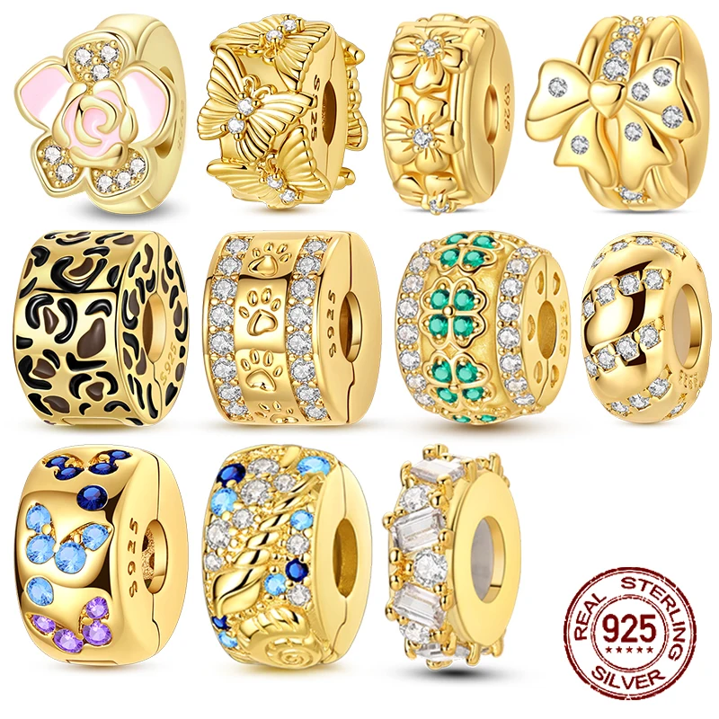 925 Sterling Silver Gold Flower Butterfly Leopard Paw Clover Beads Zircon Jewelry for Necklace Bracelet Gift for Women Girls
