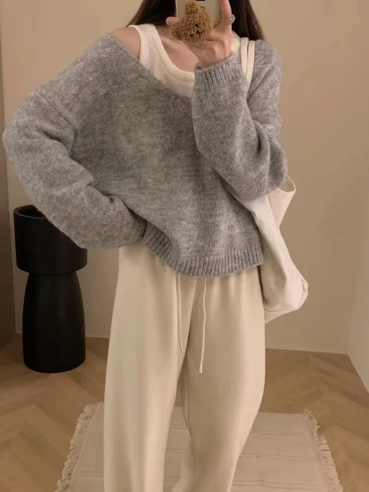 Loose V-neck Slimming Sweater Women Two-piece Set 2024 Autumn Winter Versatile Fashion Knit Pullovers Vest Set