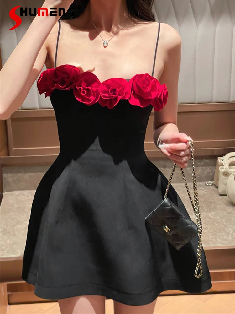 

Female 2024 Summer Fashion Waist-tight Dresses Three-Dimensional Flowers Sling Dress Feminine Elegant Graceful Sleeveless Dress