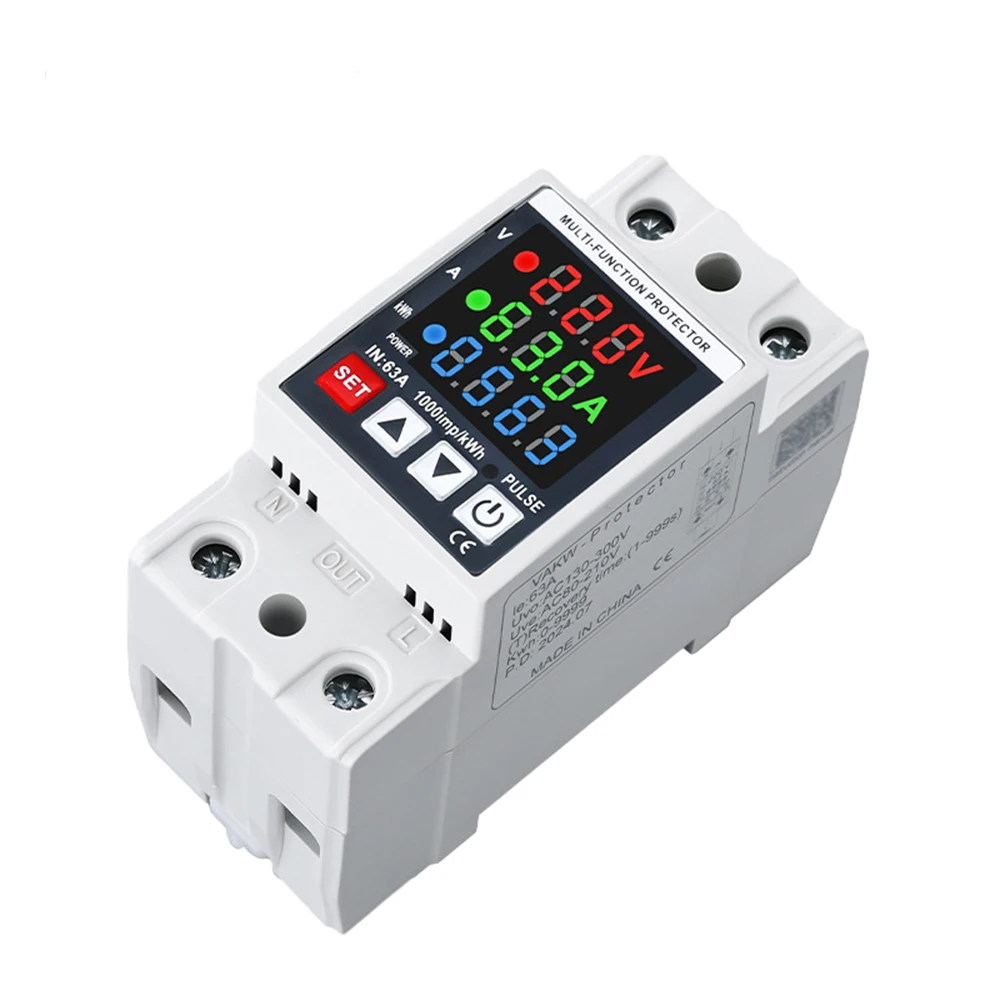 63A Din Rail 3-in-1 Display Adjustable Over Voltage Current and Under Voltage Protective Device Protector Relay Volt Power Meter