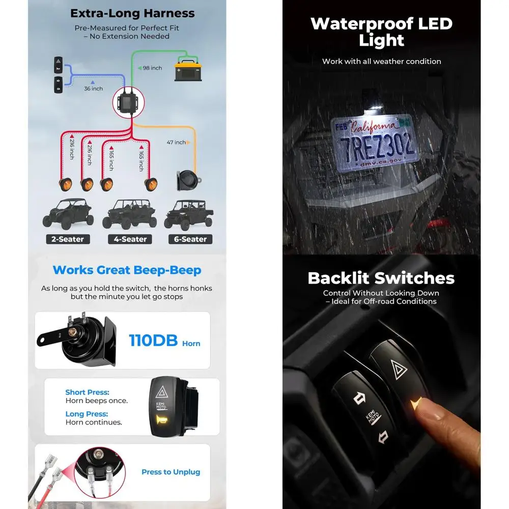 

UTV Turn Signal Kit with 110D Horn and License Plate Holder with Light, Pre-Wired, Plug and Play UTV ATV Blinker with Rocker Swi