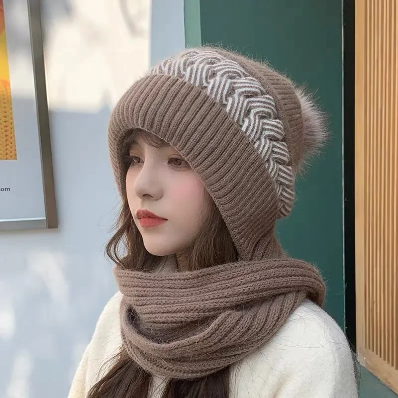 8PCS Hat Scarf All-in-one Female Winter Warm Rabbit Hair Knitted Cap Cycling Ear Protection Padded Cute Cold-proof Neck Cap