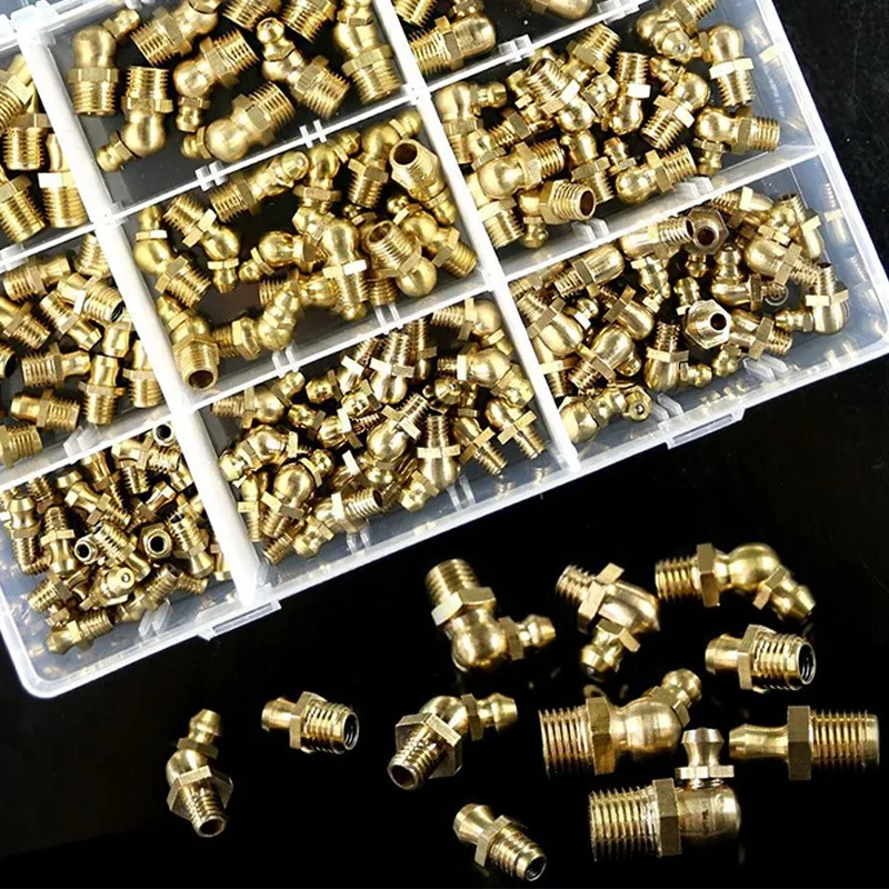 145-Pcs Metric Standard Brass Hydraulic Grease Fitting Assortment Kit - Straight, 90-Degree, 45-Degree Angled Zerk