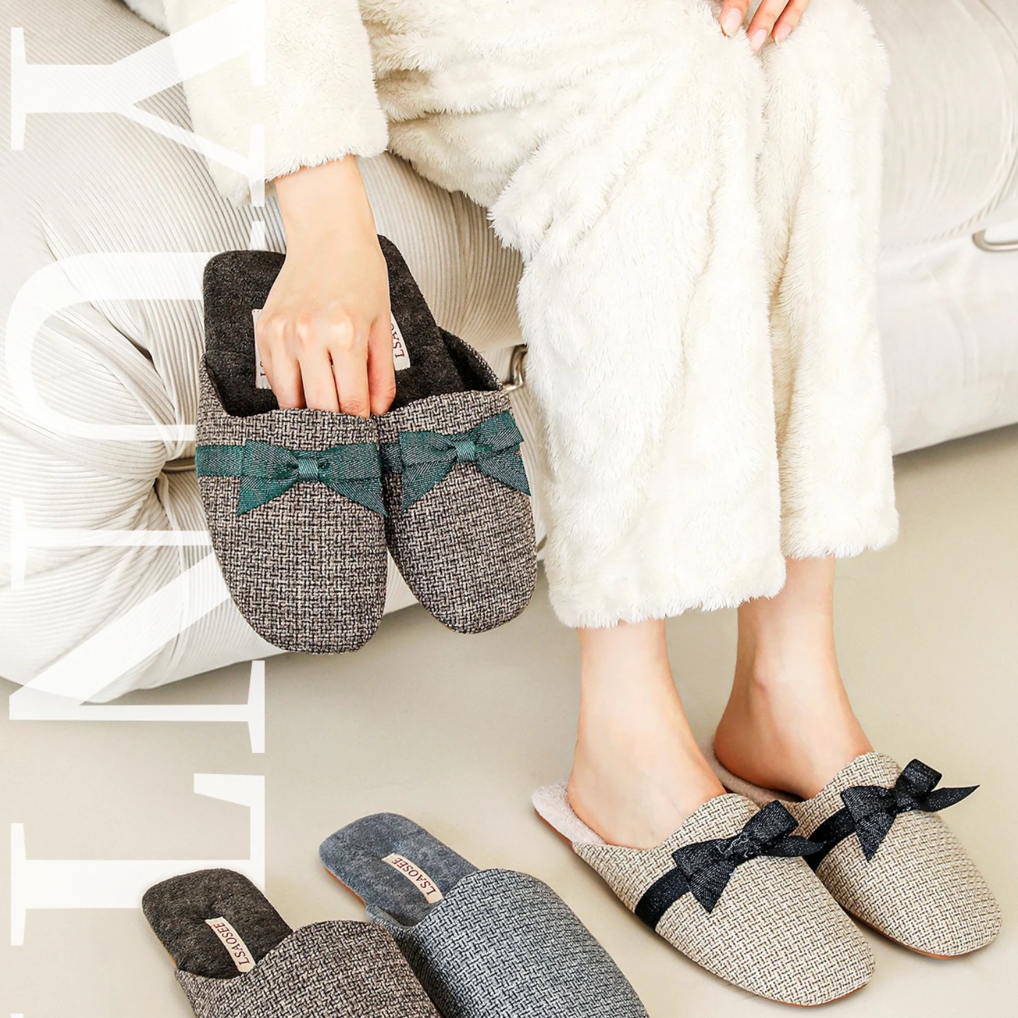 

Autumn Winter French Elegant Luxury Square Toe Fleece Lined Bowknot Cotton Slippers for Women and Men Couples Warm Rubber Sole