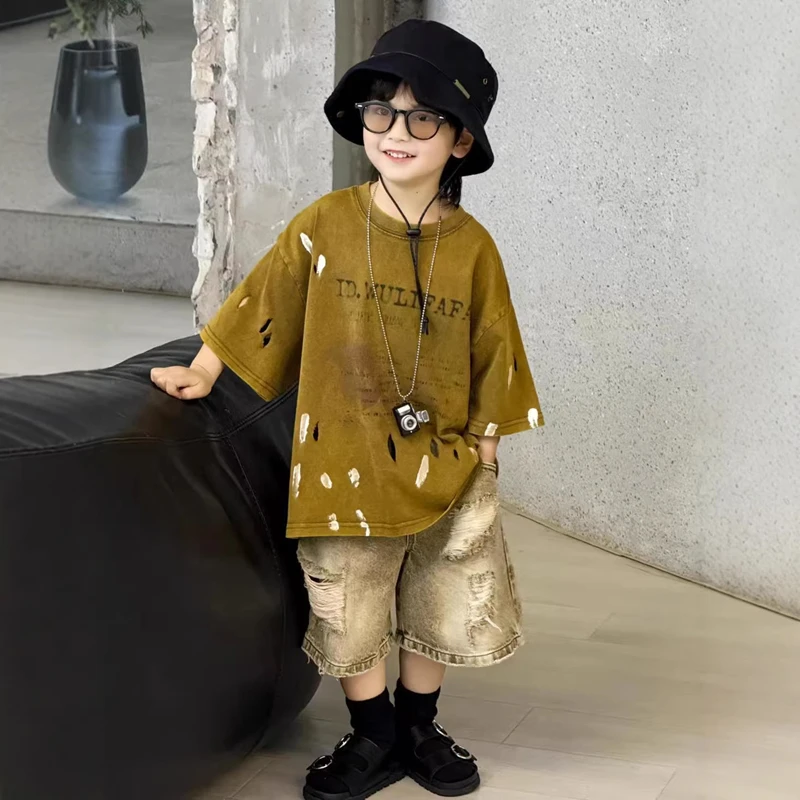 Little Boys 2 Piece Summer Outfit Vintage Ripped T-Shirt & Distressed Denim Shorts Set Toddler Kids Street Casual Daily Wear
