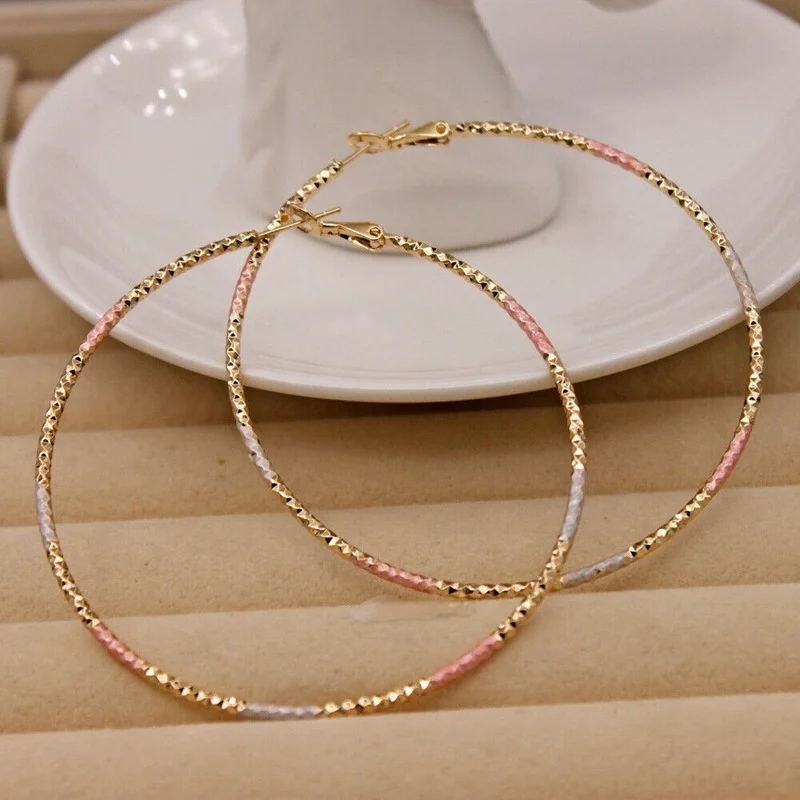 Gold Color - Dia. 2.7\'\' Huge Circle 3-Color Plated Swirl Hoop Earrings