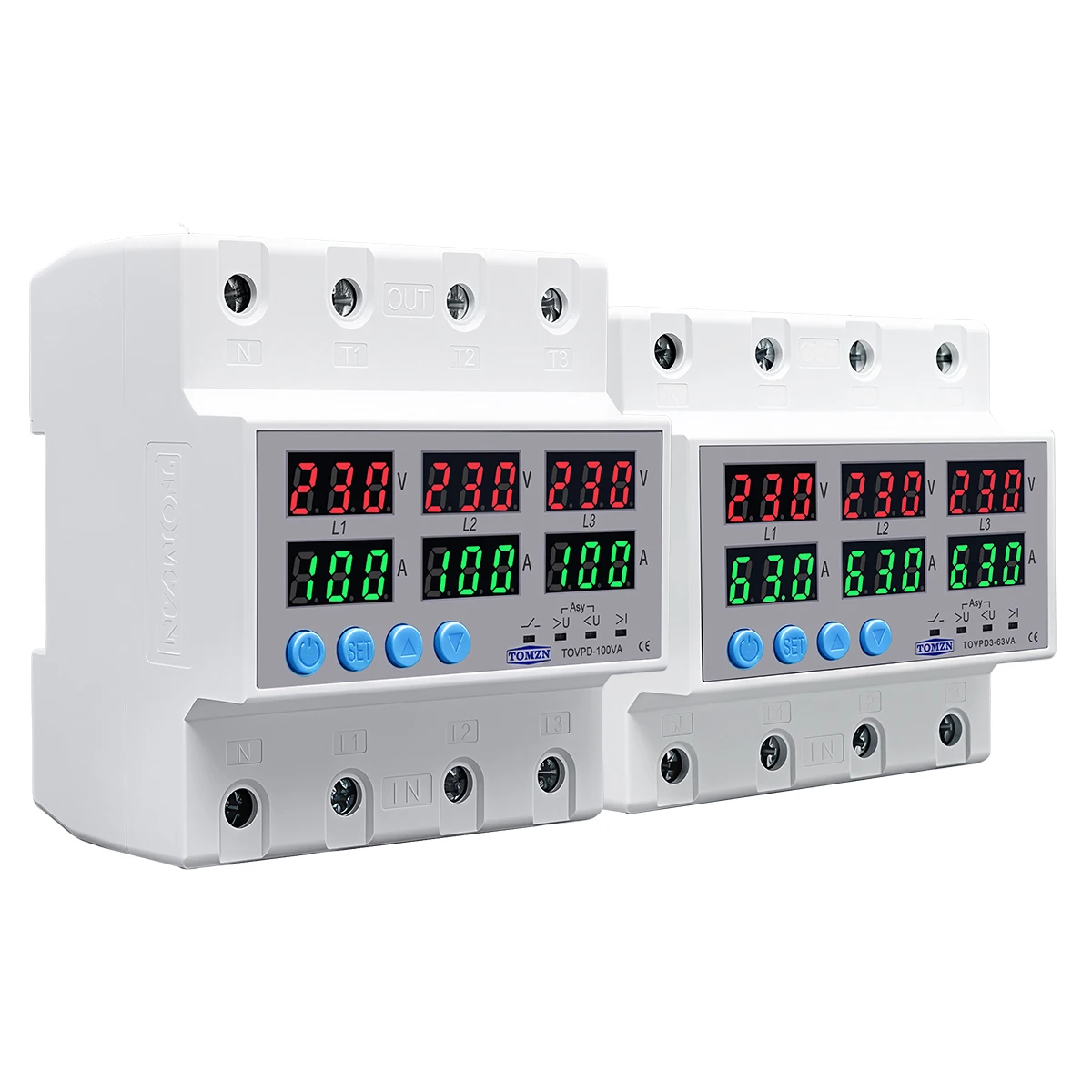 TOMZN Three Phase 3P+N Adjustable Over and Under Voltage Protector Over Current Protection Automatic Recovery Protective Device