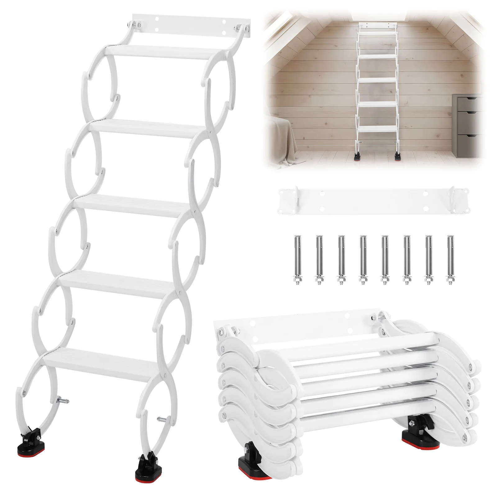 5-8 Steps Wall Mounted Loft Extension Steps Staircase Anti-Slip Steps Retractable Ladder 49in-78in Vertical Height for Garages
