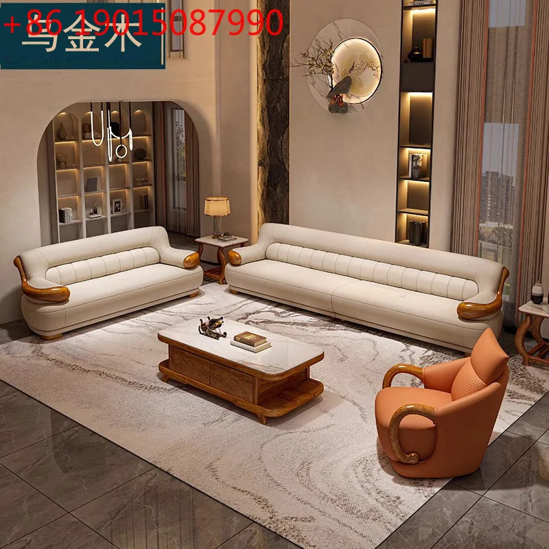 New Chinese ebony leather sofa villa living room first layer cowhide size apartment living room solid wood combination furniture