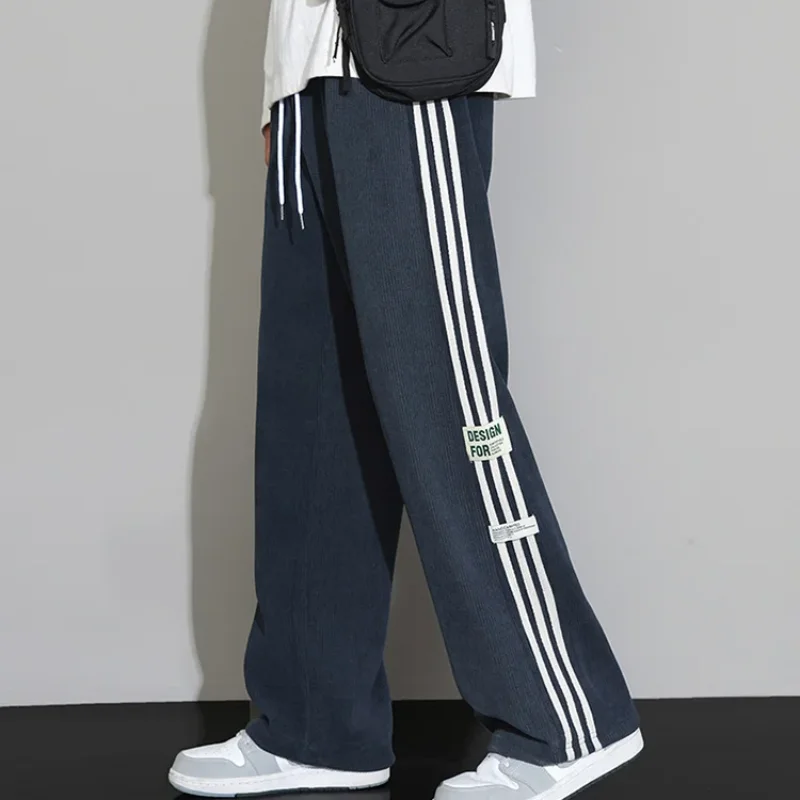 2023 Herfst En Winter Nieuwe Oversized Casual Herenkleding Mode Streep Letteropdruk Zakken Veelzijdige Sportbroek