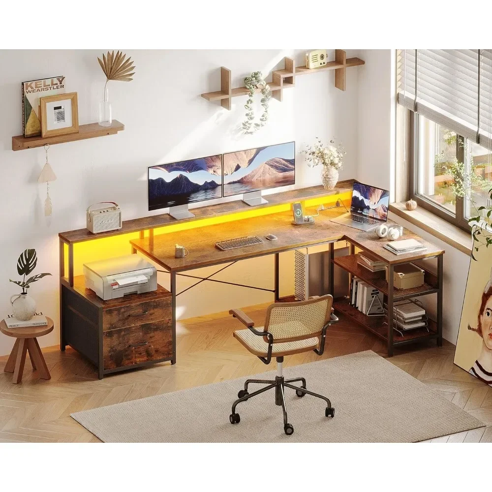 

75" Writing Desk with File Drawer, Power Outlet, LED Strip, Storage Shelves, Monitor Shelf, Reversible L Shaped Computer Desk