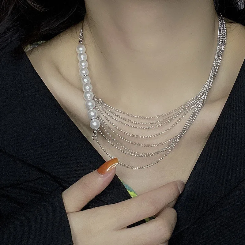 

Personalized design multi-layer stacked necklace for women, high-end temperament Baroque pearl retro fashion collarbone chain~