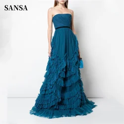 Sansa Sexy Strapless Wave Point فساتين السهرة Ink Blue Multilayer Prom Dress Exquisite Edge Curl Black Belt Vestidos De Noche