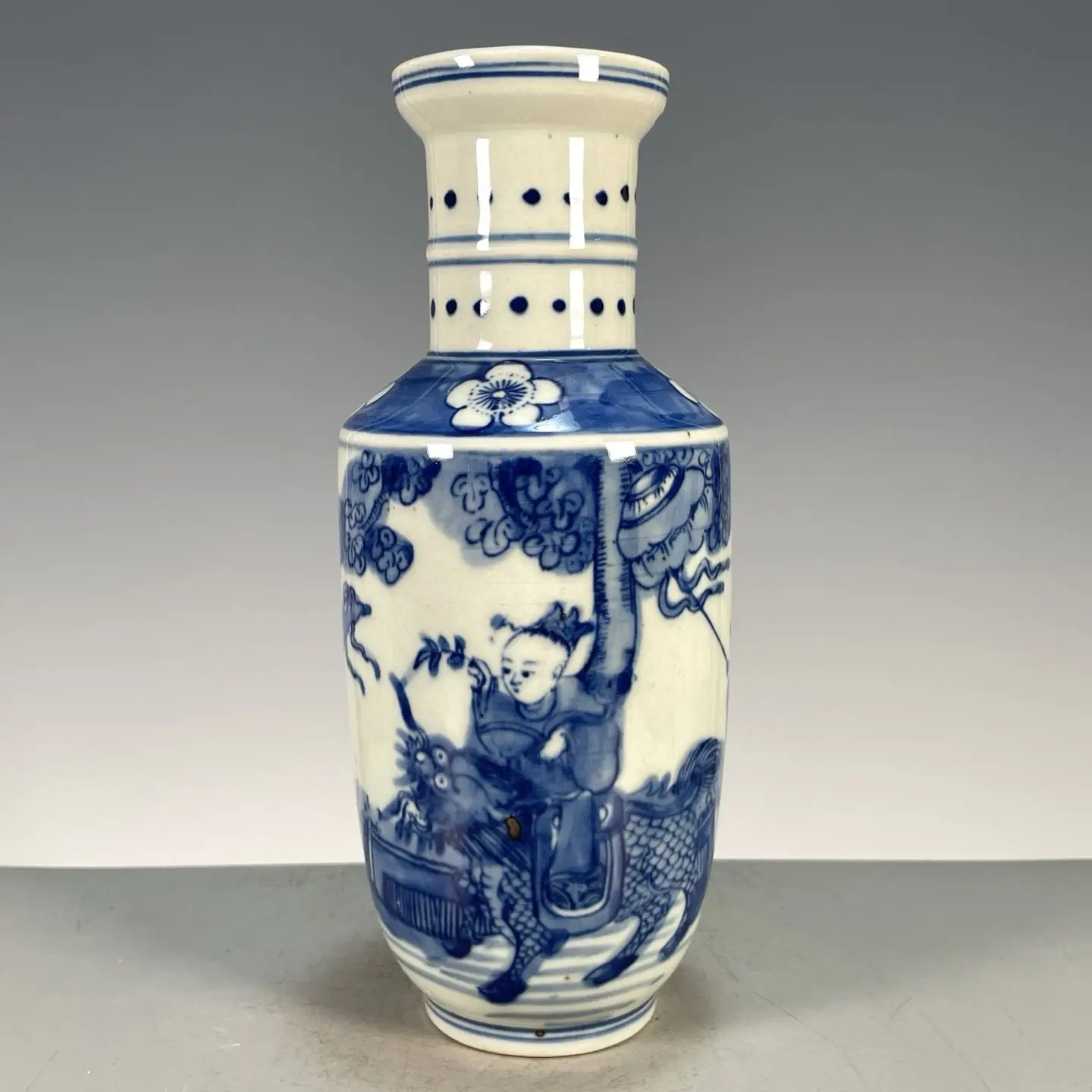 Blue and White Porcelain Rouleau Vase Hand Painted Qilin Delivering Sons Pattern Vintage Ceramic Collectible Decor Craft Gift