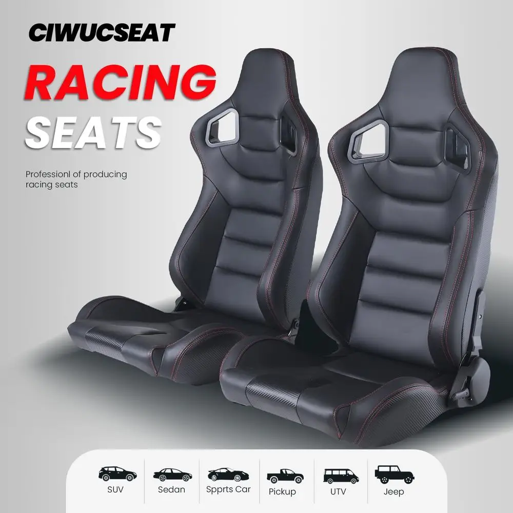 Pair of Racing Seats with Dual Lock Sliders, Black PVC Leather, 165° Adjustable, 21.6 x 36.6 x 21.6