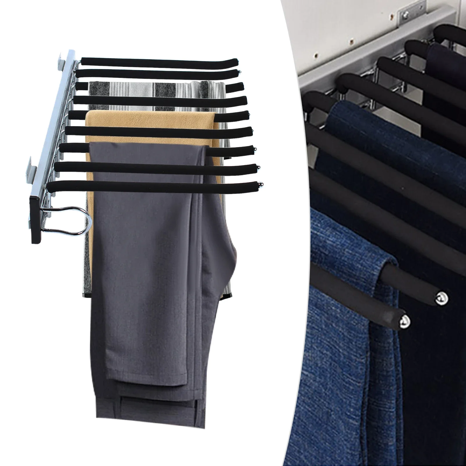 

Wardrobe Pants Organizer (Left Installation) Pull Out Trouser Rack Closet Pants Hanger 9 Arms Slide Out Pants Storage Holder