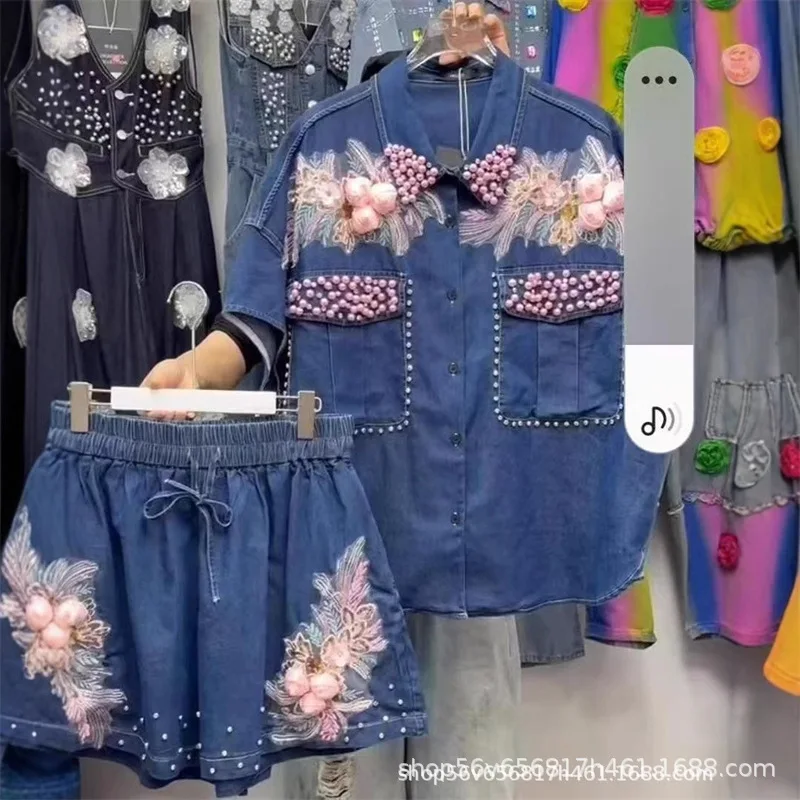 Женские джинсовые рубашки с бриллиантами, бисером и цветами, джинсовые блузки с жемчугом, ковбойские топы + джинсовые шорты с эластичной резинкой на талии, комплект из 2 предметов
