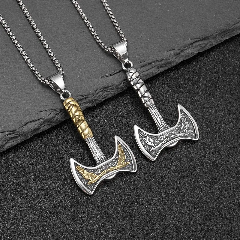 Axe Shaped Stainless Steel Masculine Pendant Necklaces for Men 60cm Chain Viking Vintage Accessories Hiphop Trendy Jewelry