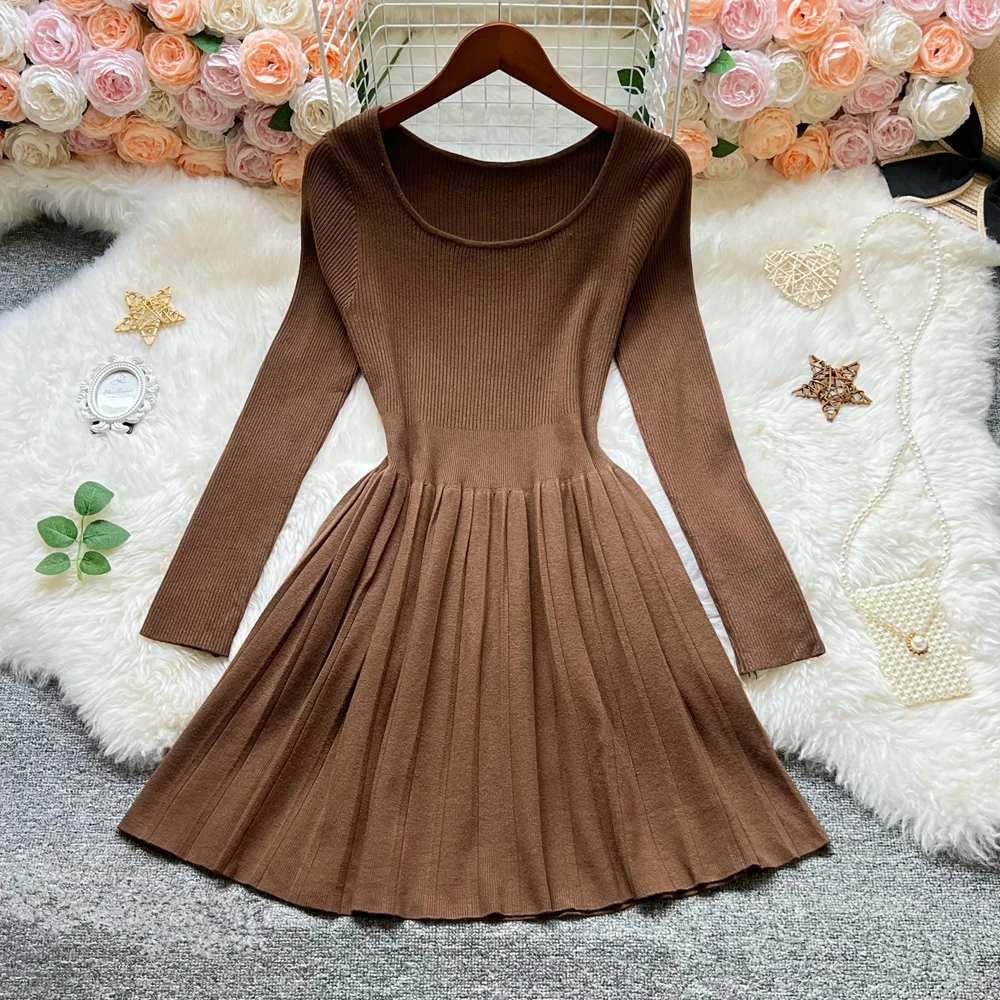 YuooMuoo Korean Fashion A-line Short Dress 2025 Autumn Winter Women Basic All Match Black Knitted Dress Lady Solid Pleated Dress