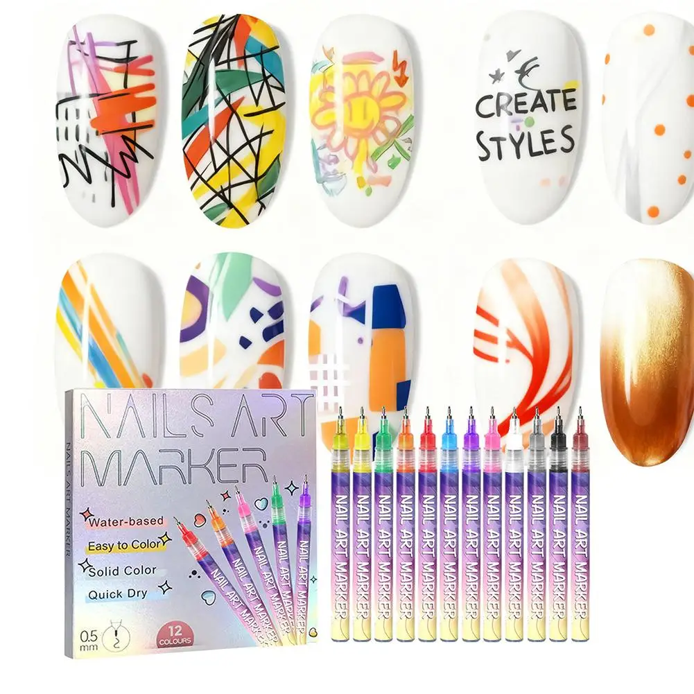 

12 Color Nail Art Graffiti Pen Set Nail Marker Drawing Acrylic Paint Pens Waterproof Nail Painting Manicure Extra Fine 0.5mm