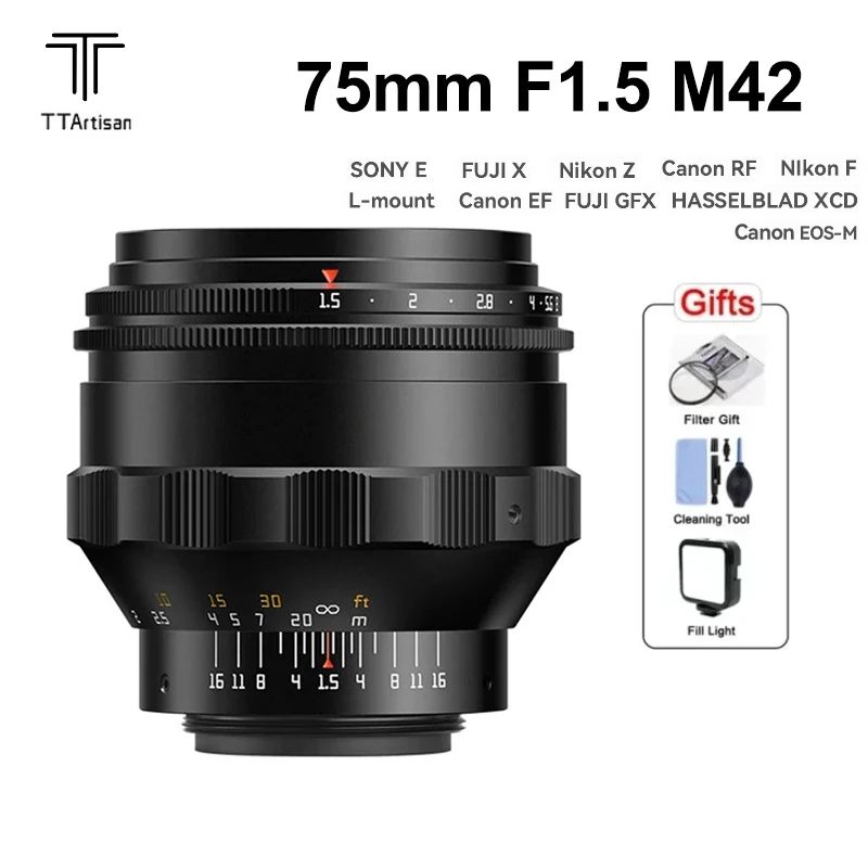 

TTArtisan 75mm F1.5 M42 Full Frame Large aperture Manual Focus Lens Support with Adapter Rings For Fuji Sony Canon Leica Nikon