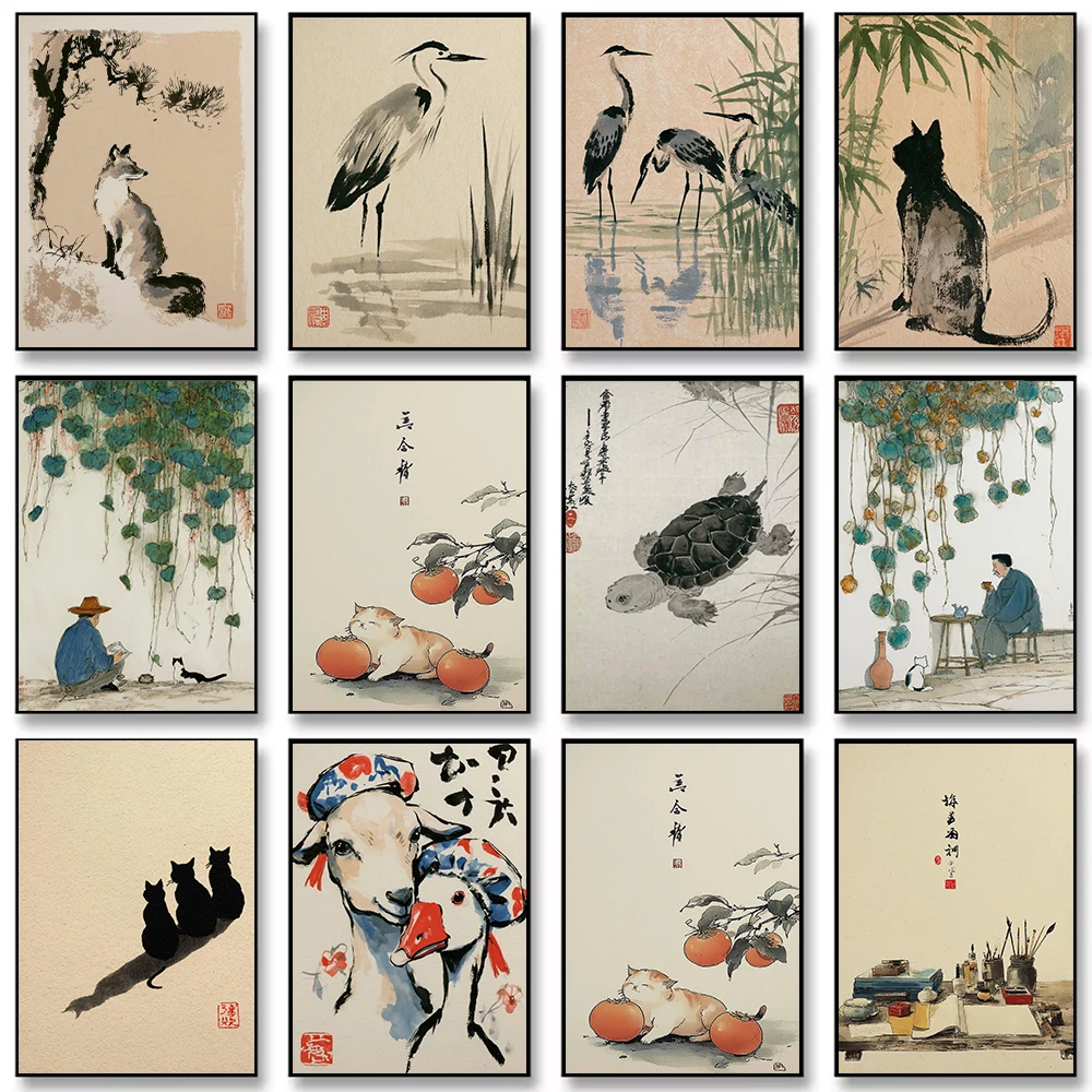 Retro Japanese Zen Ink Animals and Plants Landscape Persimmon Canvas Painting Wall Art Poster Picture Home Decor Mural Cuadros