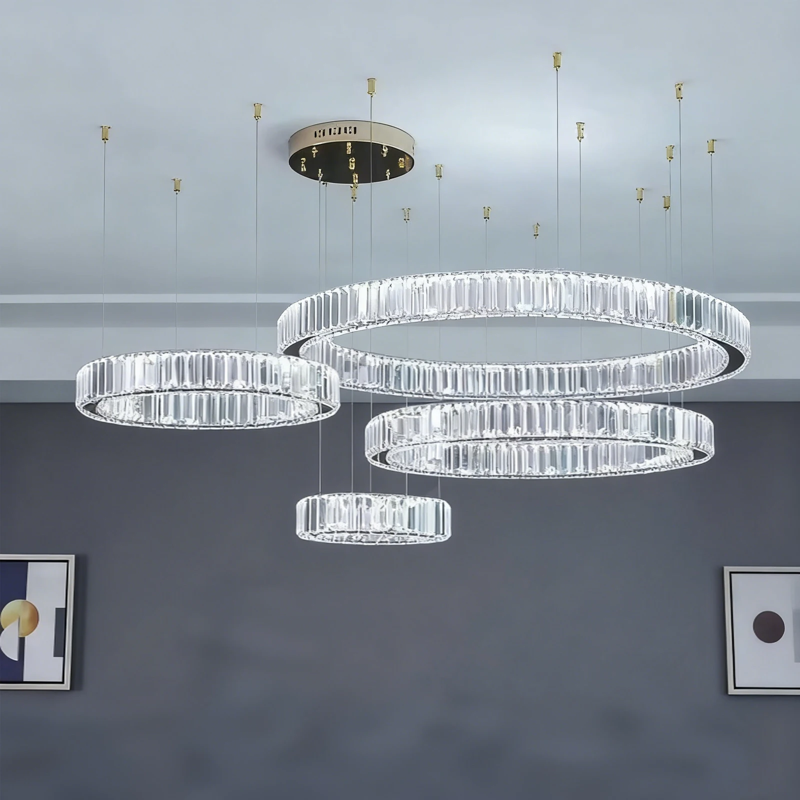 

Modern Round Crystal Luxury Chandelier Mall Staircase Led Dimming Steel Pendant Lights Gold/Chrome Hanging Lamparas Lamps Custom