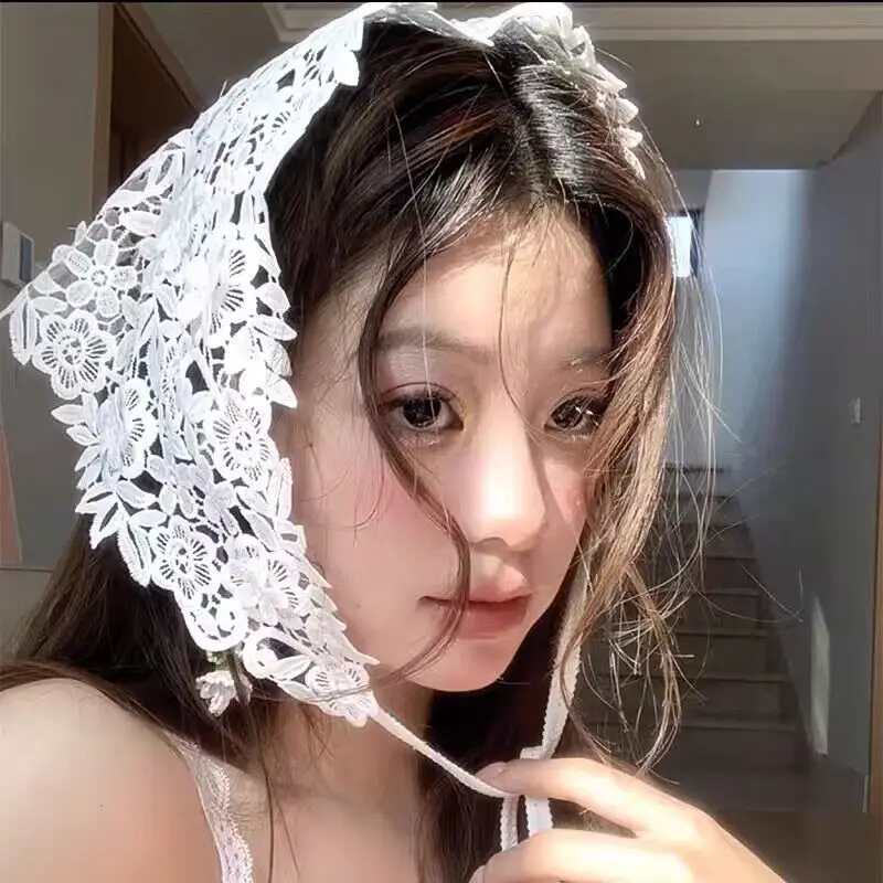 

Fashion Summer Lightweight Floral Lace-Up Triangle Scarf Hairband with Flower Ruffled Edges, Solid Color Bow Tie