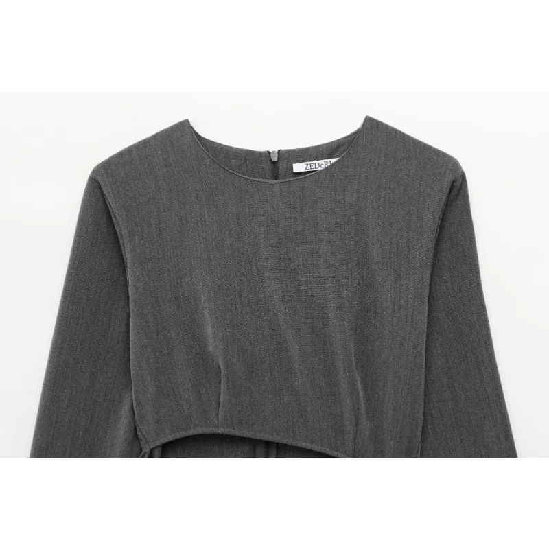 Abito in maglia Abiti a maniche lunghe con scollo a O retrò americano Abiti da donna eleganti e belli Mini abito grigio scavato