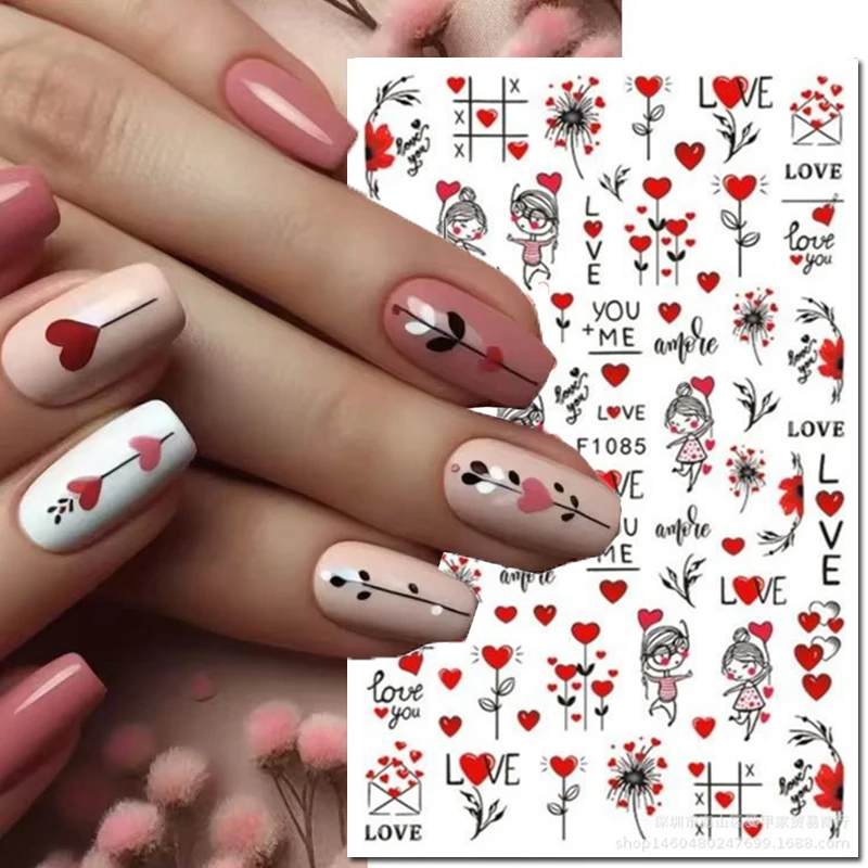 

3d Nail Art Sliders Stickers Valentine Geometric Lines Red Love Letters Girls Hearts Decals Nail Decoration For Manicure