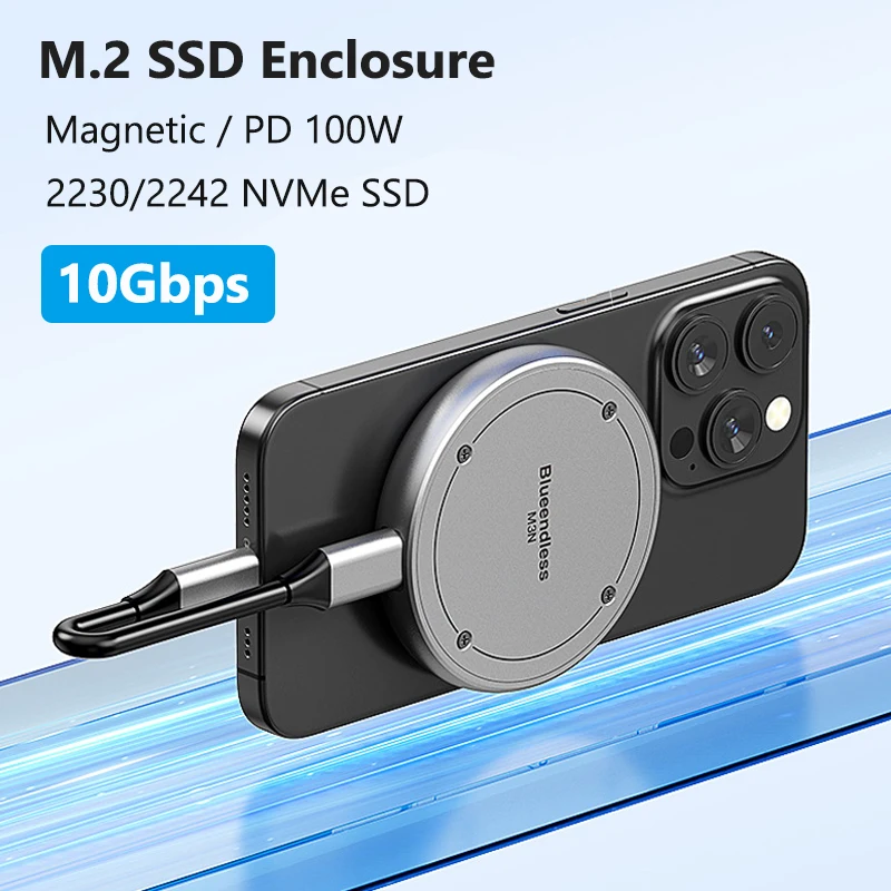 Magnetic M.2 2230 2242 NVMe SSD Enclosure PD 100W 10Gbps SSD Case USB C 3.2 Gen2 to NVMe PCI-E for iPhone 15/16 Pro Max MacBook