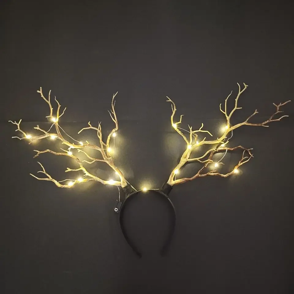 Girl Women  Elk Berry Antler Light Up Tree Branch Headdress Glow Party Ball Headband Headwear Christmas Halloween