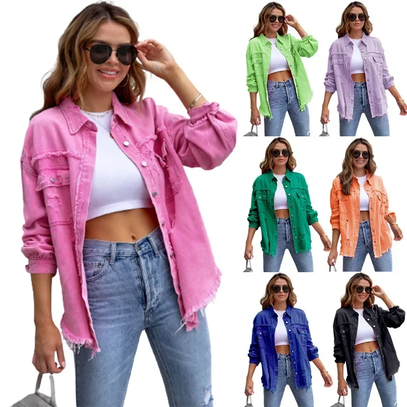 

Women Denim Jackets Long Sleeve Turn Down Color Outerwear Cardigan Single Breasted Button Pockets Hole Vintage Streetwear Coat