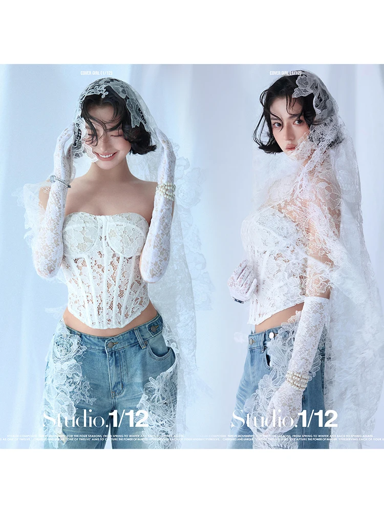

New Arrival Customizable High-End Lace Crop Top And Denim Pants Photography Outfit Set for Studio Art And Portrait Photoshoots
