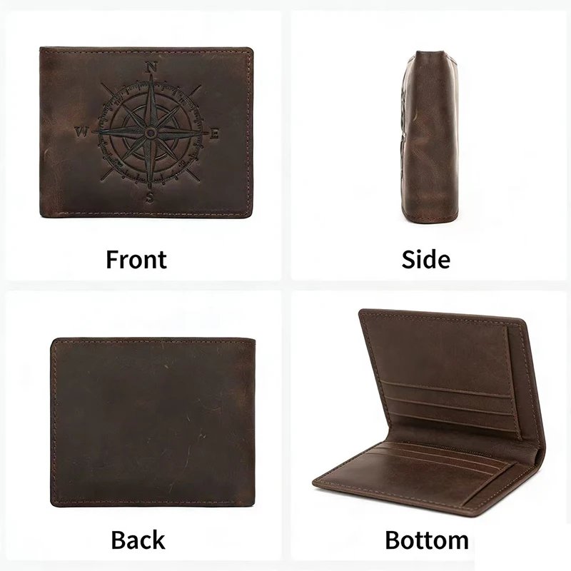 Modische Herren-Geldbörse aus Crazy Horse Leder mit Kompassmuster, RFID-Blockierung, Großer Kapazität, Kartenhalter und Geldklammer – Detail 6