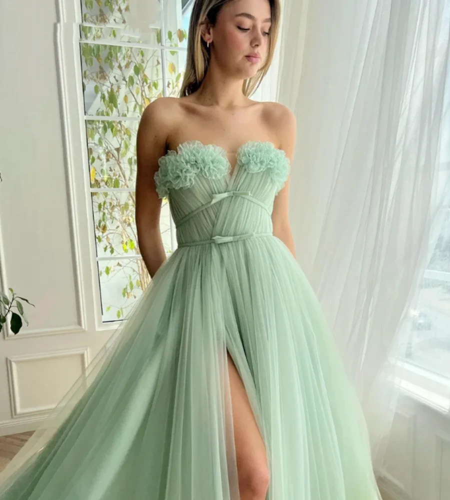 OUSIRUI Prom Dress Side Split A Line Wedding Evening Dress robes  Flowers Belt Evening Gown Mint Green Tulle Elegant de soirée