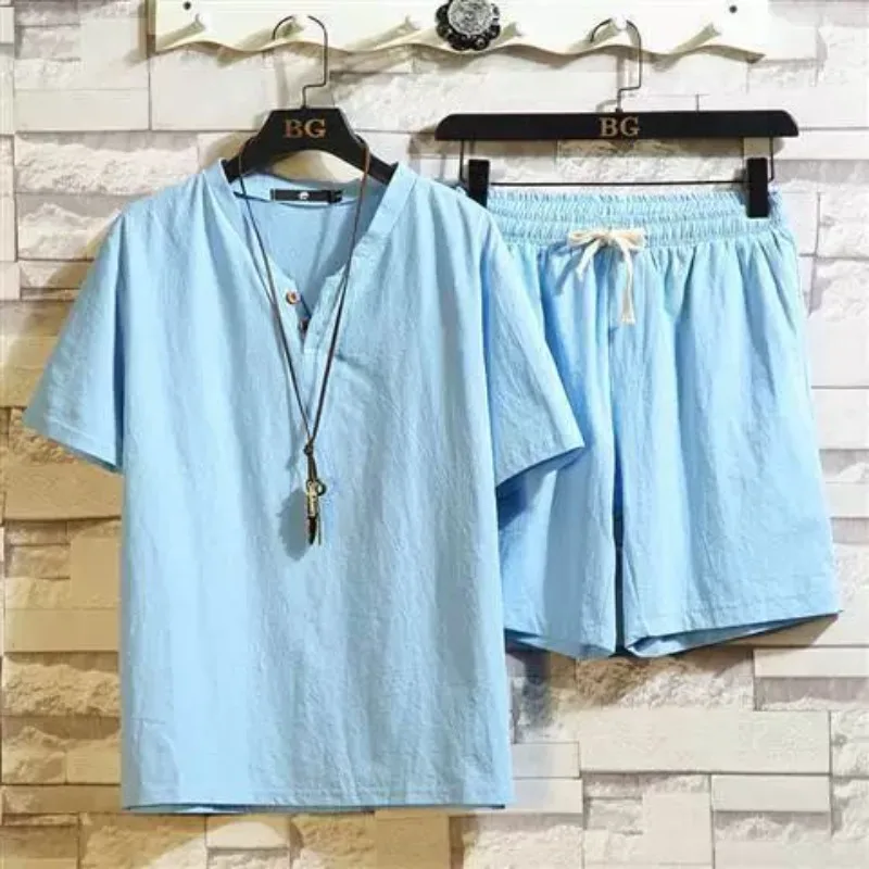 Men's Summer Two-piece Set Short Sleeve Short Shorts Large Size V-neck Linen Simple Loose Casual Comfortable Harajuku Versatile