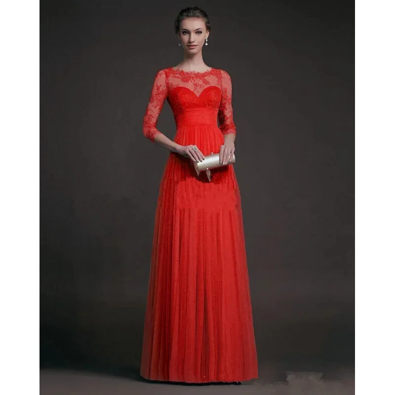 우아한 긴 파티 드레스 2023 유럽 및 미국 가을 여성용 레드 긴팔 레이스 시스루 A라인 손목 비딩 파티 드레스
