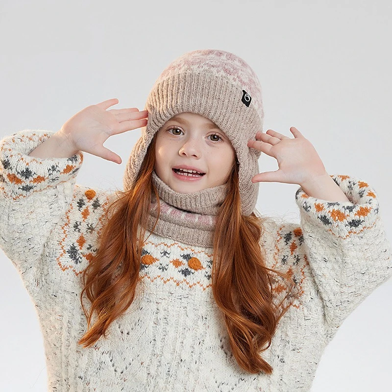 2 pçs de malha meninas bonés crianças chapéu de inverno cachecol velo orelhas proteção crianças gorro chapéus pescoço mais quente quente criança menino boné 4-10y