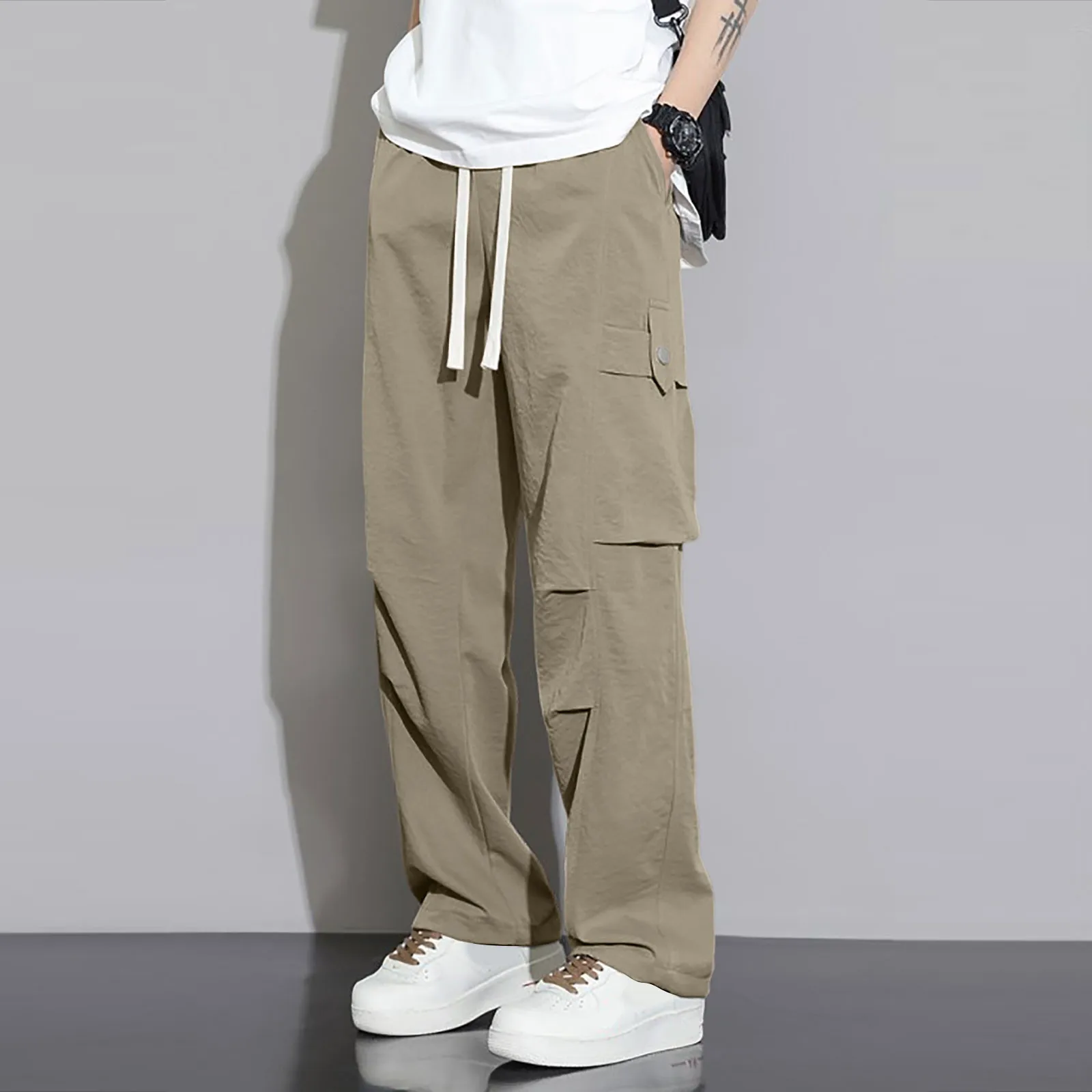 Men Fall 2024 New Straight Leg Overalls Sports Casual Loose Solid Color Elastic Waist Pants Fashion Mountain Paratrooper Pants