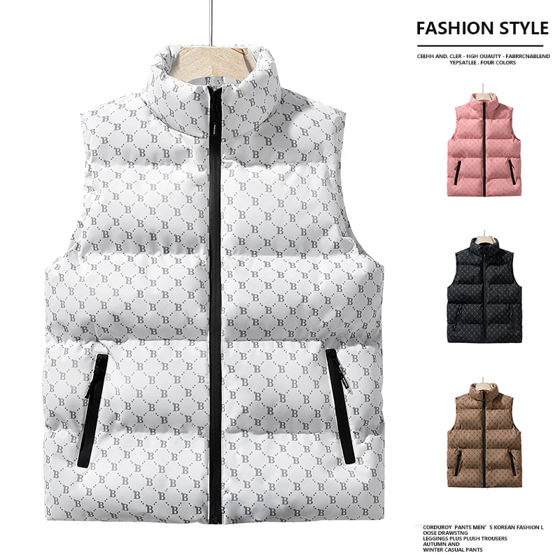 2026 New Men Letter All‑Over Print Padded Vest Stand Collar Zip Sleeveless Quilted Warm Winter Casual Gilet Waistcoat