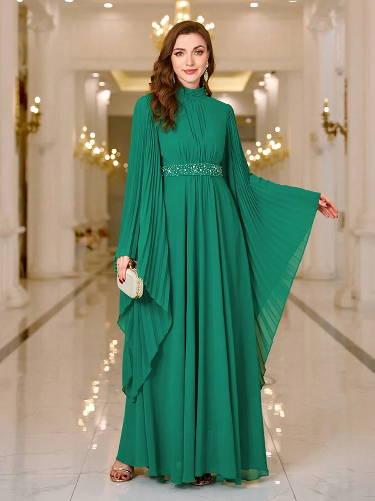 

TOLEEN Women'S Solid Color Pearl Embellished Stand Collar Batwing Sleeve Pleated Dress 2024 Luxury Elegant Formal Long Dresses