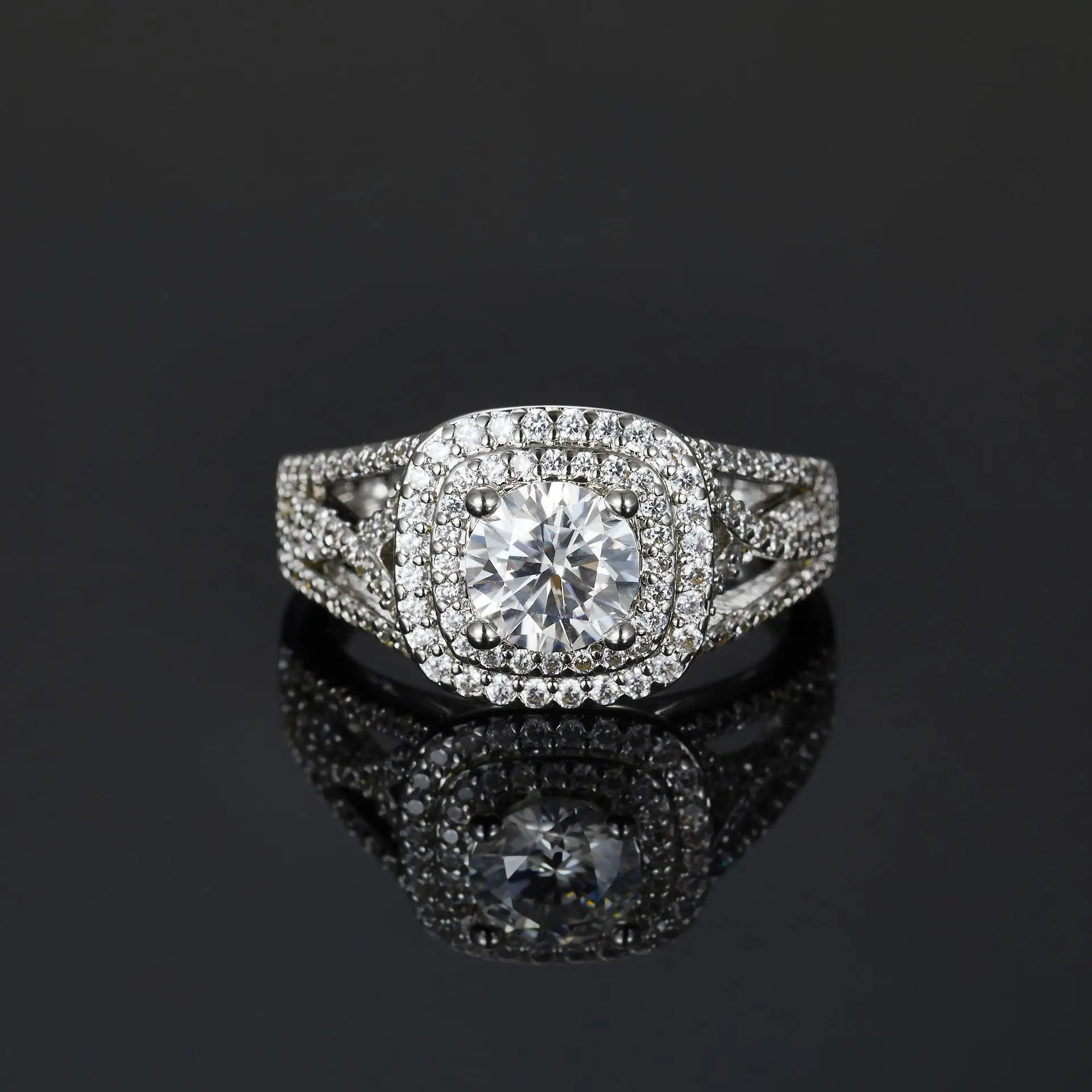 Double Halo Round Moissanite Ring, 925 Sterling Silver, D Color VVS1, Split Shank Wedding Band, Pass Diamond Tester