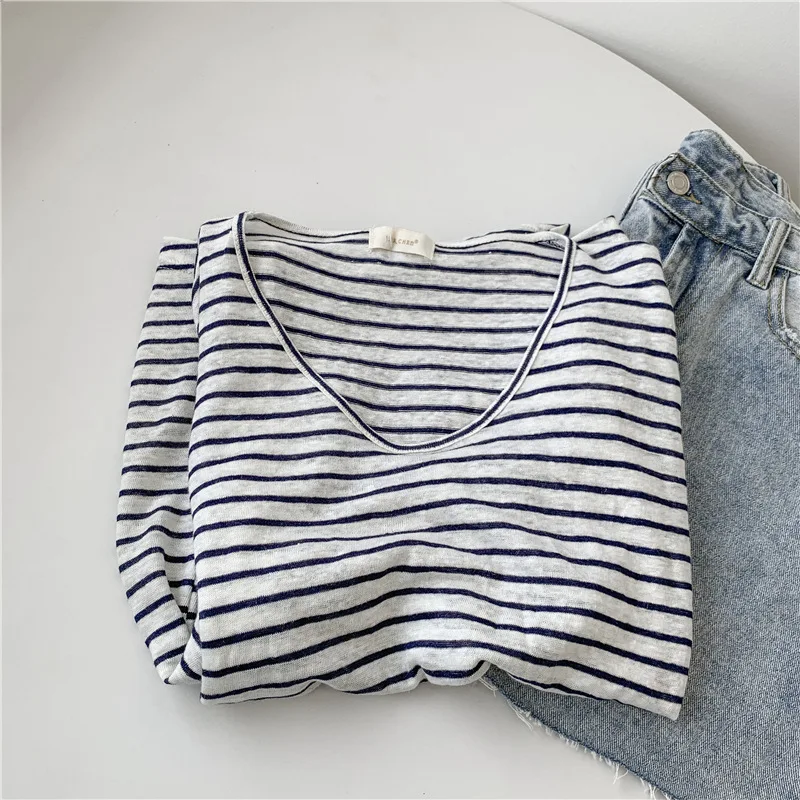 

Slug Cotton Thin Micro Transparent V-neck Striped Cotton Short Sleeve T-shirt Woman