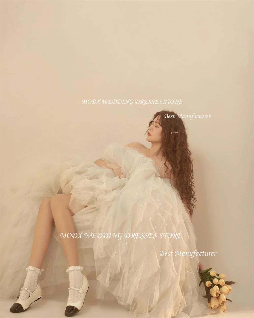 MODX blanc Tulle robes de mariée Photoshoot corée Spaghetti sangle bouffée longueur de plancher princesse dos à lacets robes de soirée