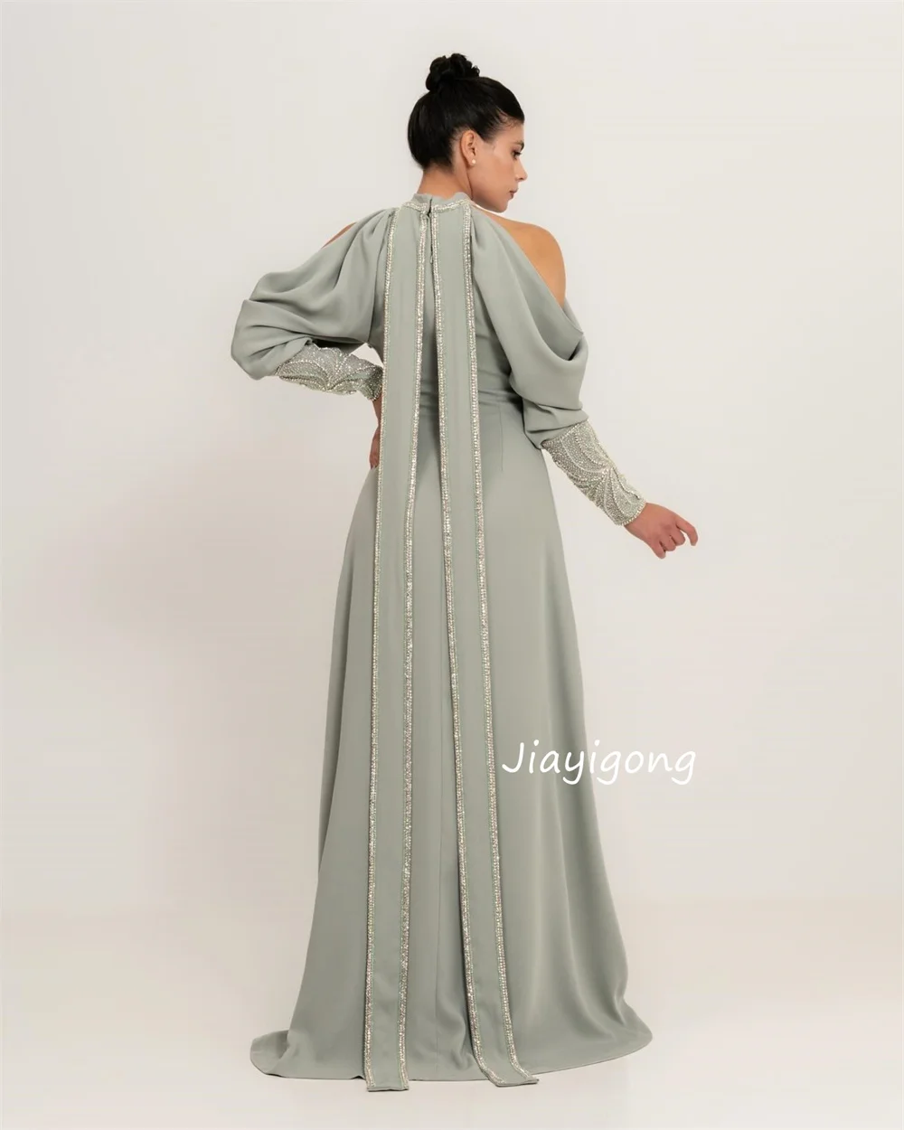 Customized Sizes Available Jersey Sequined Pattern A-line Halter Long Prom Dresses Bespoke Occasion Exquisite Formal