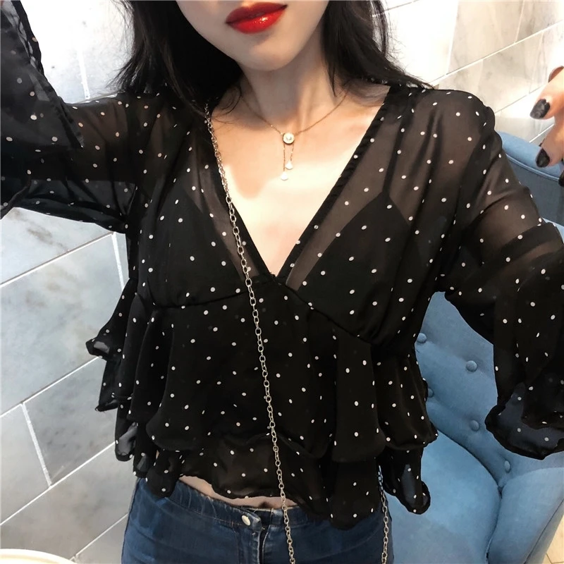 Blusa de manga larga con volantes para mujer, ropa holgada con pliegues elegantes, camisa coreana de gasa con lunares que combina con todo,