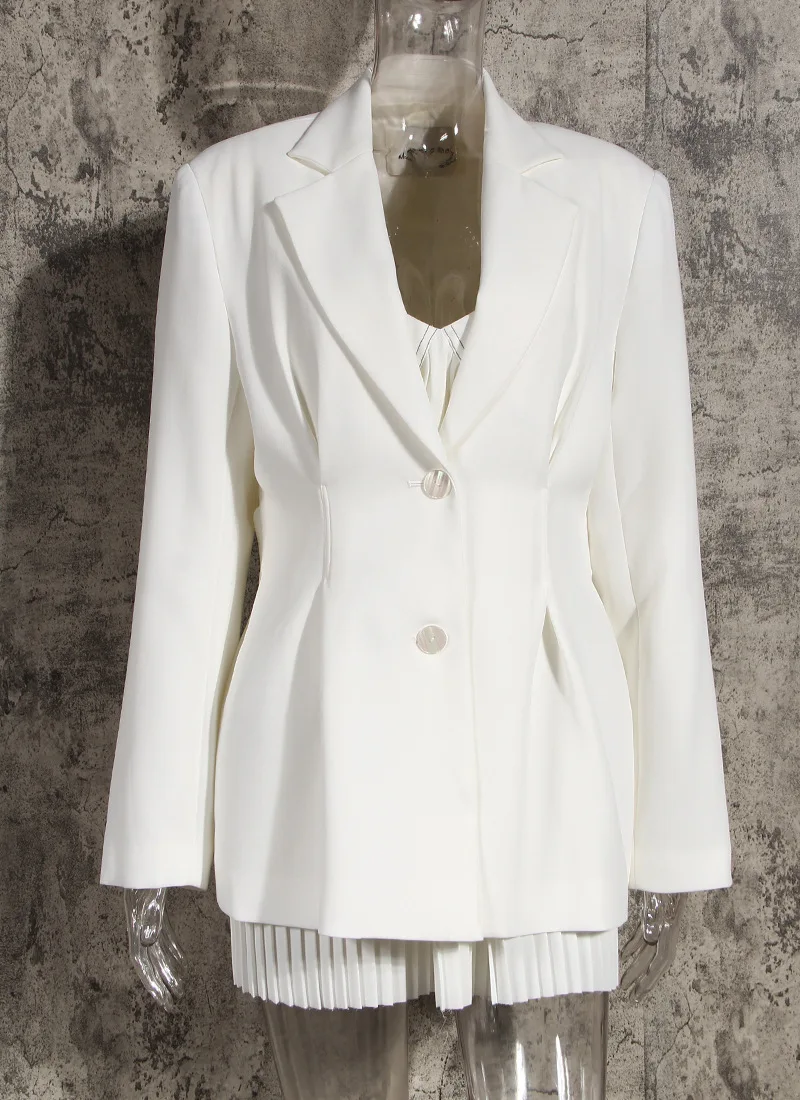 Fato de peito único feminino com renda, blazer branco com cinto, jaqueta formal, casaco elegante estilo senhora do escritório, em estoque, 1 pc